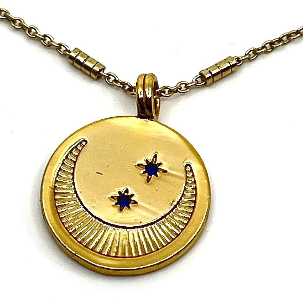 Vintage Gold Tone Celestial Crescent Moon‎ Star Medallion Pendant Necklace Y2K